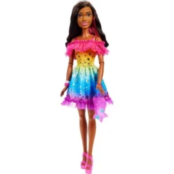 Barbie 28" Large Doll With Dark Brown Hair And Rainbow Dress