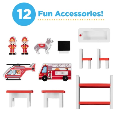 Best Choice Products 32in Kids 3-Story Pretend Wooden Fire Station Play Set Toy, W/ 2 Vehicles, 12 Accessories, 5 Rooms 4 Best Choice Products 32in Kids 3-Story Pretend Wooden Fire Station Play Set Toy, W/ 2 Vehicles, 12 Accessories, 5 Rooms - Image 2