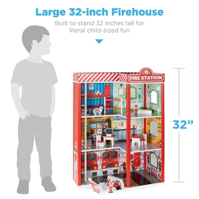 Best Choice Products 32in Kids 3-Story Pretend Wooden Fire Station Play Set Toy, W/ 2 Vehicles, 12 Accessories, 5 Rooms 6 Best Choice Products 32in Kids 3-Story Pretend Wooden Fire Station Play Set Toy, W/ 2 Vehicles, 12 Accessories, 5 Rooms - Image 4