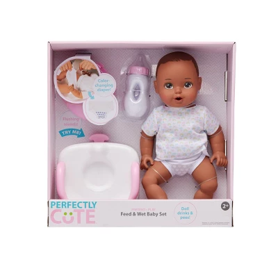 Perfectly Cute Feed & Wet 14" Baby Set - Dark Brunette With Brown Eyes 3 Perfectly Cute Feed & Wet 14" Baby Set - Dark Brunette With Brown Eyes